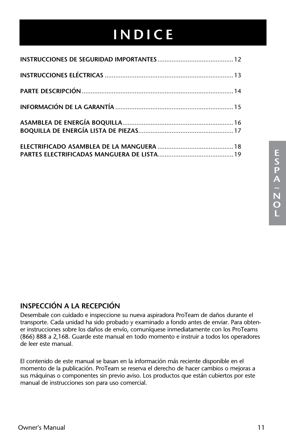 Es p a ~ n o l | ProTeam Wessel-Werk Electric Power Nozzle User Manual | Page 11 / 20