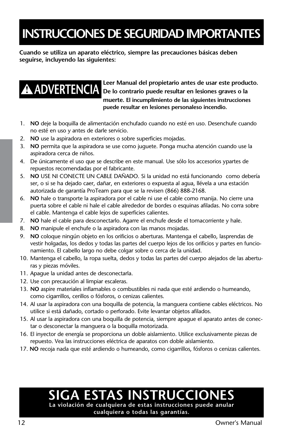 Siga estas instrucciones, Instrucciones de seguridad importantes | ProTeam Wessel-Werk Electric Power Nozzle User Manual | Page 12 / 20