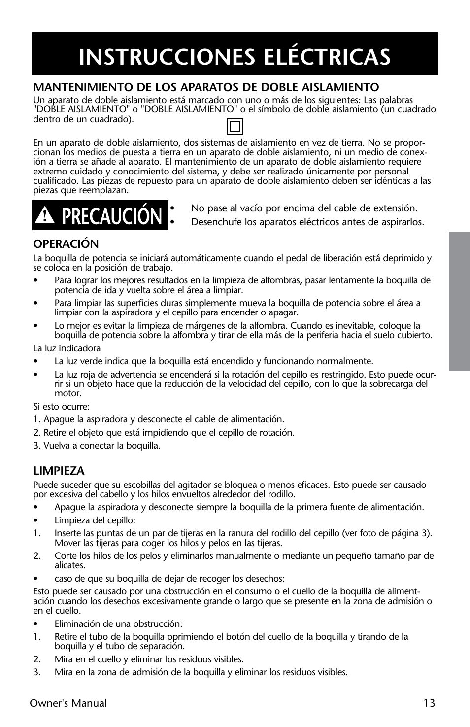 Instrucciones eléctricas, Mantenimiento de los aparatos de doble aislamiento, Operación | Limpieza | ProTeam Wessel-Werk Electric Power Nozzle User Manual | Page 13 / 20