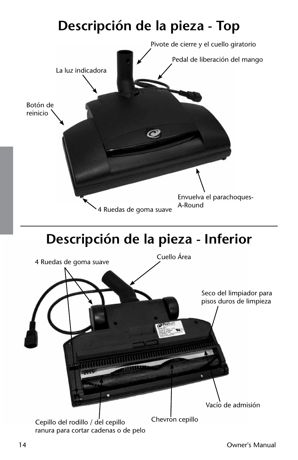 Descripción de la pieza - top, Descripción de la pieza - inferior | ProTeam Wessel-Werk Electric Power Nozzle User Manual | Page 14 / 20