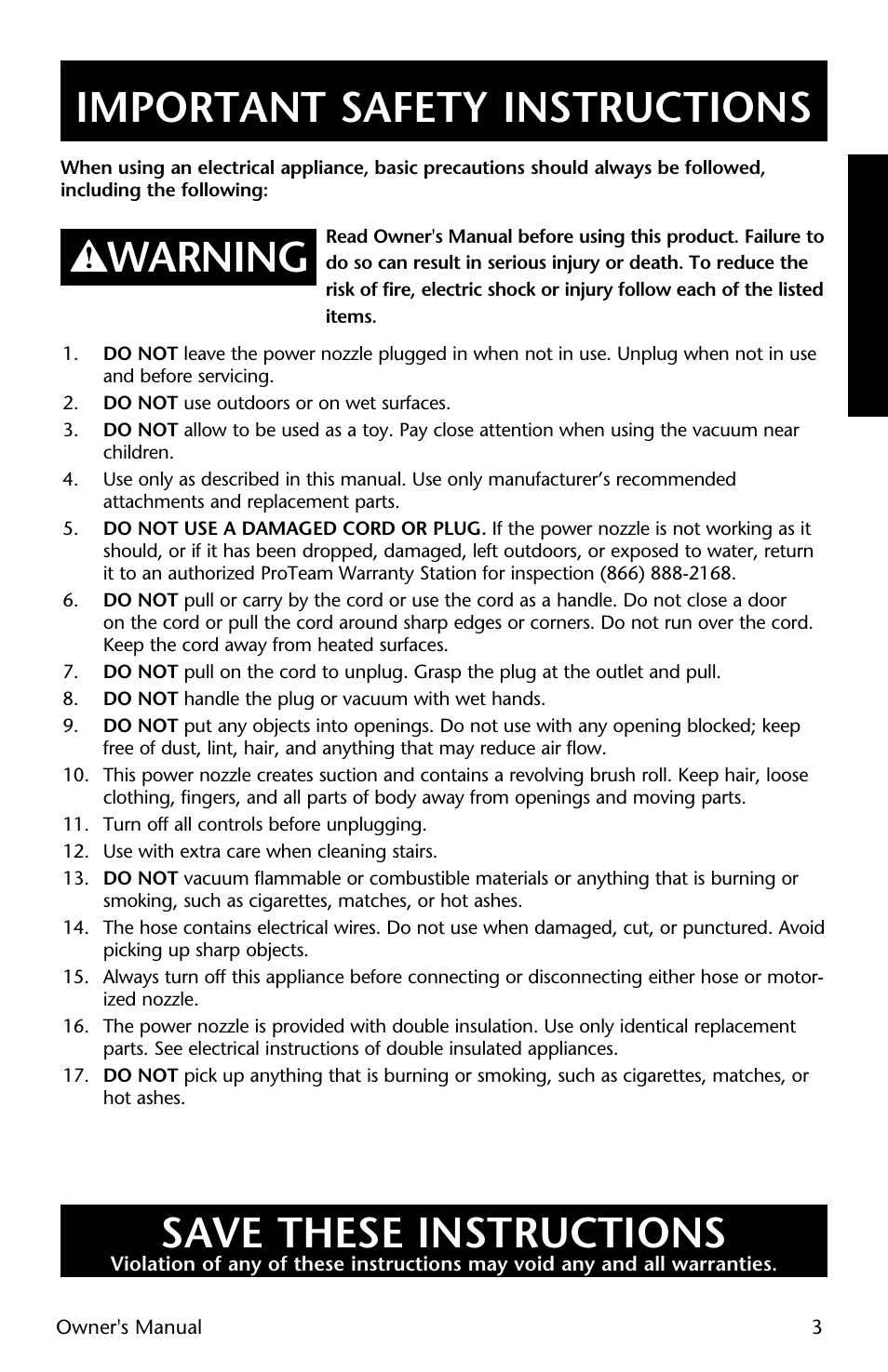 Important safety instructions, Save these instructions, Warning | ProTeam Wessel-Werk Electric Power Nozzle User Manual | Page 3 / 20