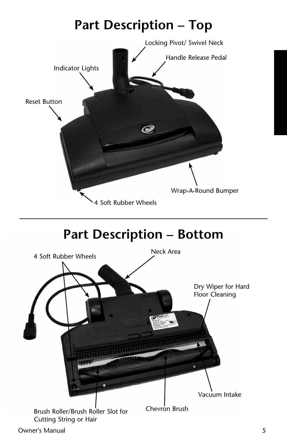 Part description – top, Part description – bottom | ProTeam Wessel-Werk Electric Power Nozzle User Manual | Page 5 / 20
