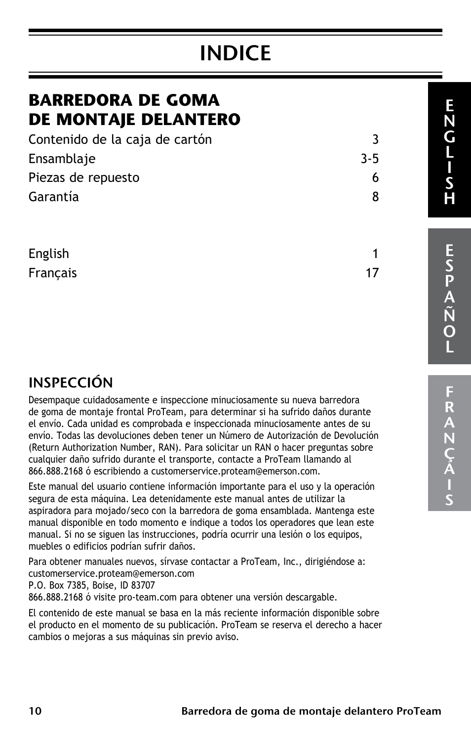 Indice, Barredora de goma de montaje delantero | ProTeam ProGuard Front Mount Squeegee User Manual | Page 10 / 24