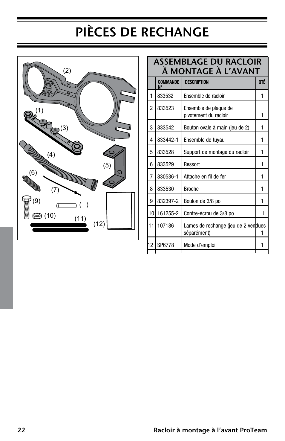 Pièces de rechange, Assemblage du racloir à montage à l’avant | ProTeam ProGuard Front Mount Squeegee User Manual | Page 22 / 24