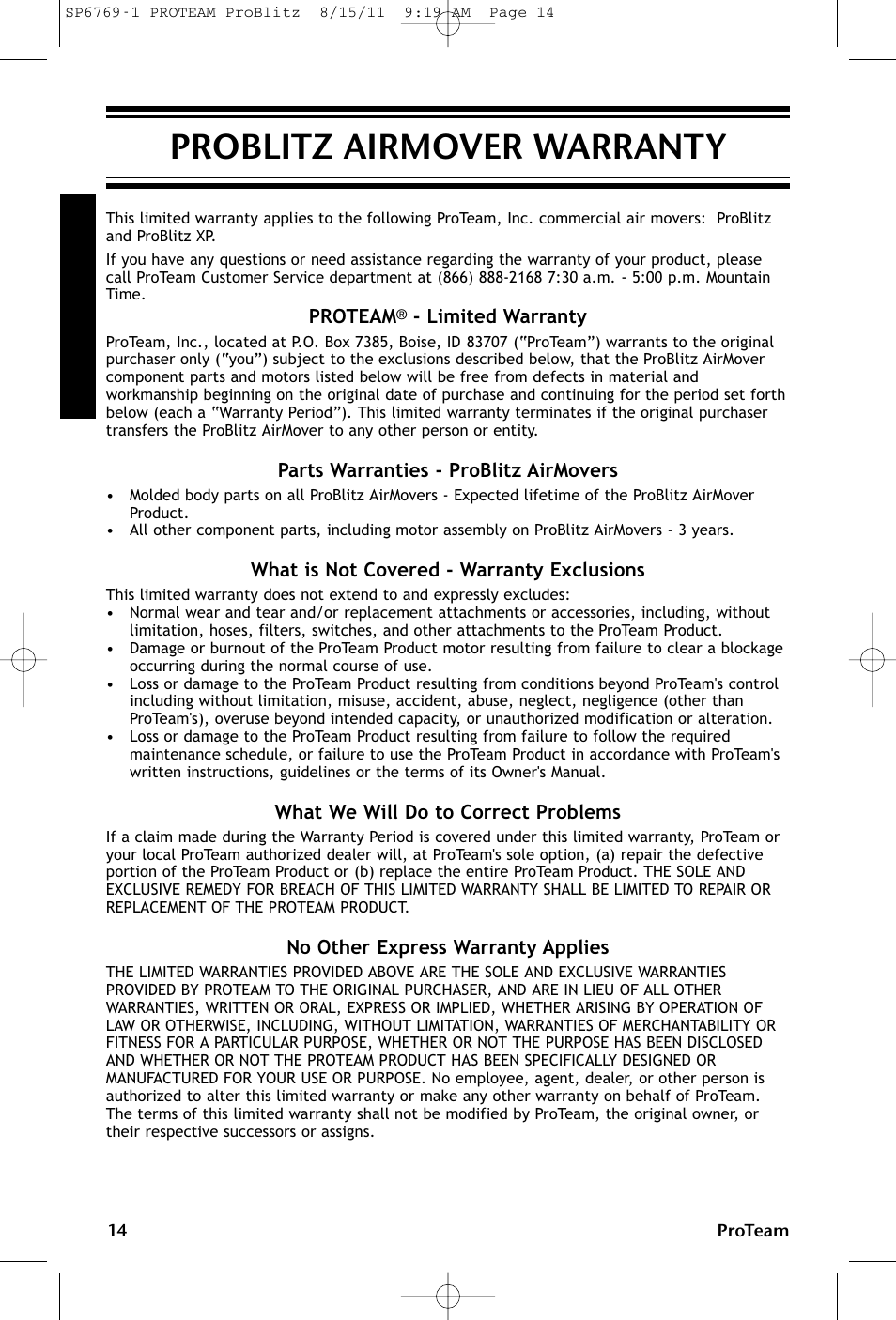 Problitz airmover warranty | ProTeam ProBlitz XP User Manual | Page 14 / 48