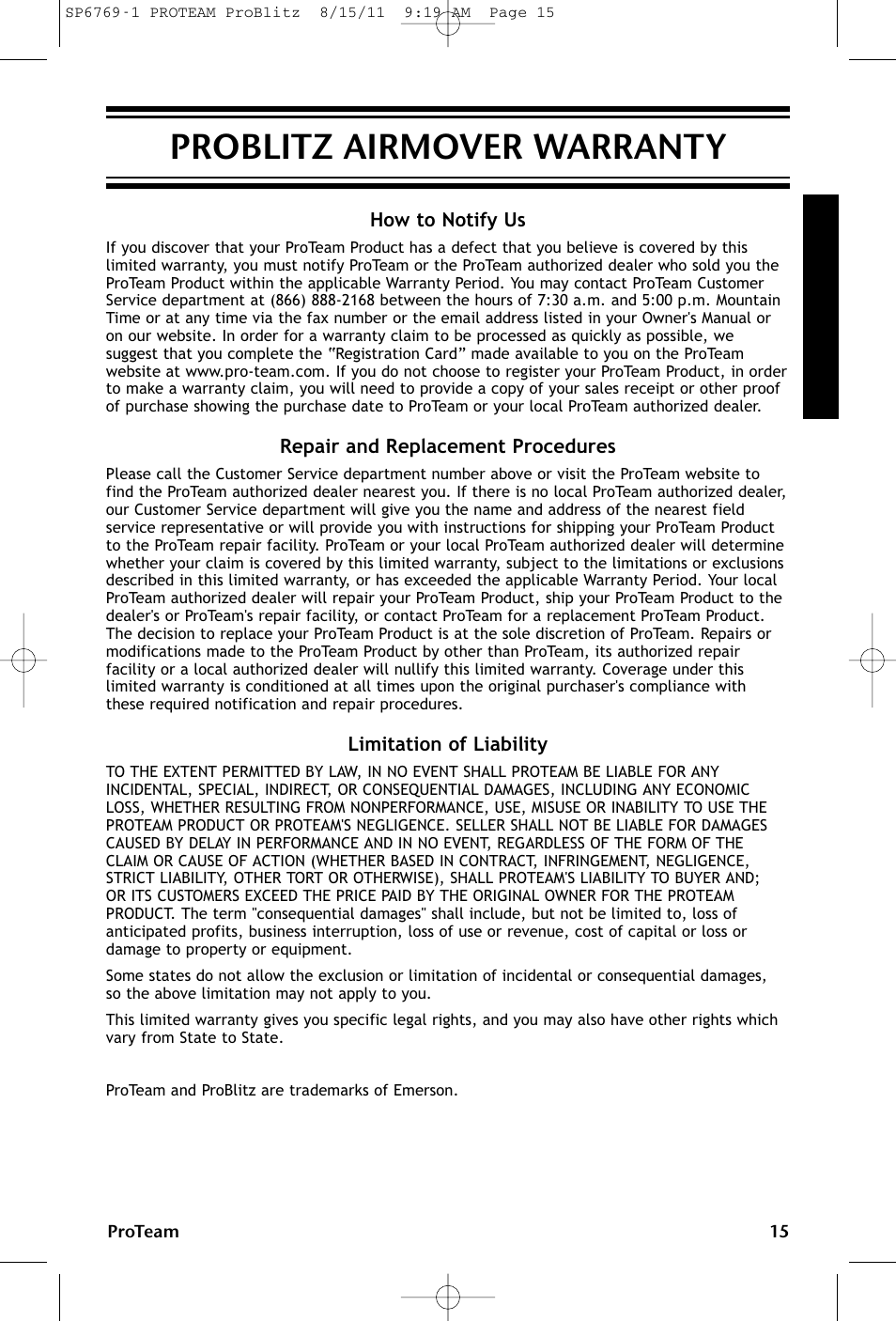 Problitz airmover warranty | ProTeam ProBlitz XP User Manual | Page 15 / 48