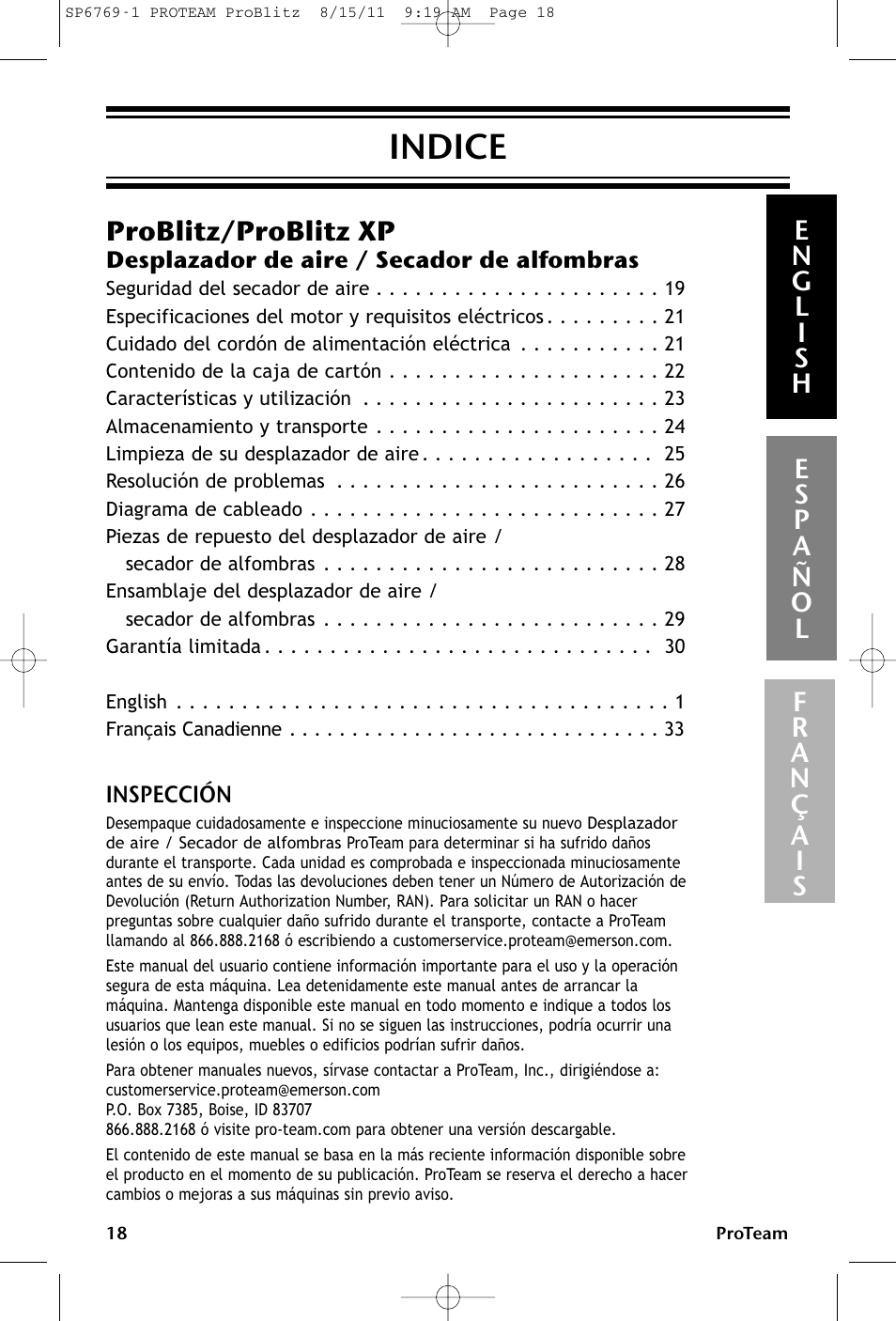 Indice, Problitz/problitz xp | ProTeam ProBlitz XP User Manual | Page 18 / 48
