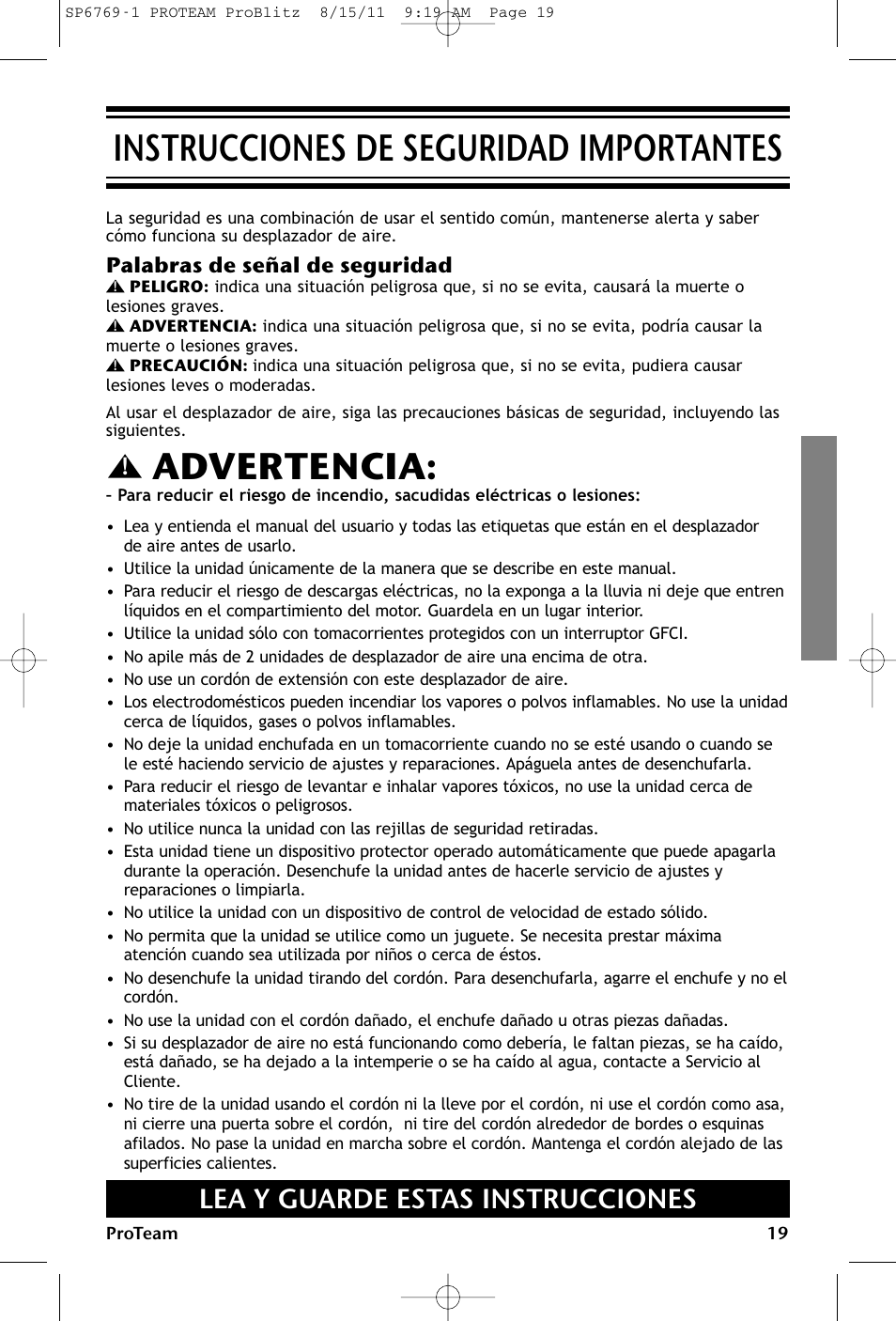 Instrucciones de seguridad importantes, Advertencia, Lea y guarde estas instrucciones | Palabras de señal de seguridad | ProTeam ProBlitz XP User Manual | Page 19 / 48