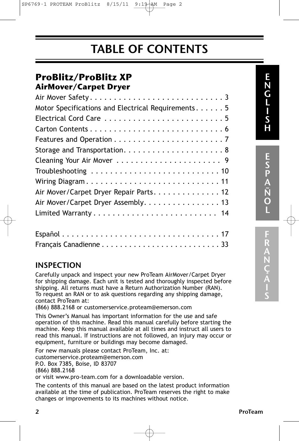 ProTeam ProBlitz XP User Manual | Page 2 / 48