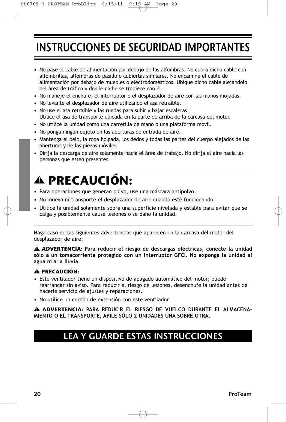 Instrucciones de seguridad importantes, Precaución, Lea y guarde estas instrucciones | ProTeam ProBlitz XP User Manual | Page 20 / 48