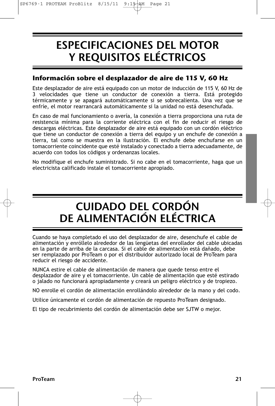 Especificaciones del motor y requisitos eléctricos, Cuidado del cordón de alimentación eléctrica | ProTeam ProBlitz XP User Manual | Page 21 / 48