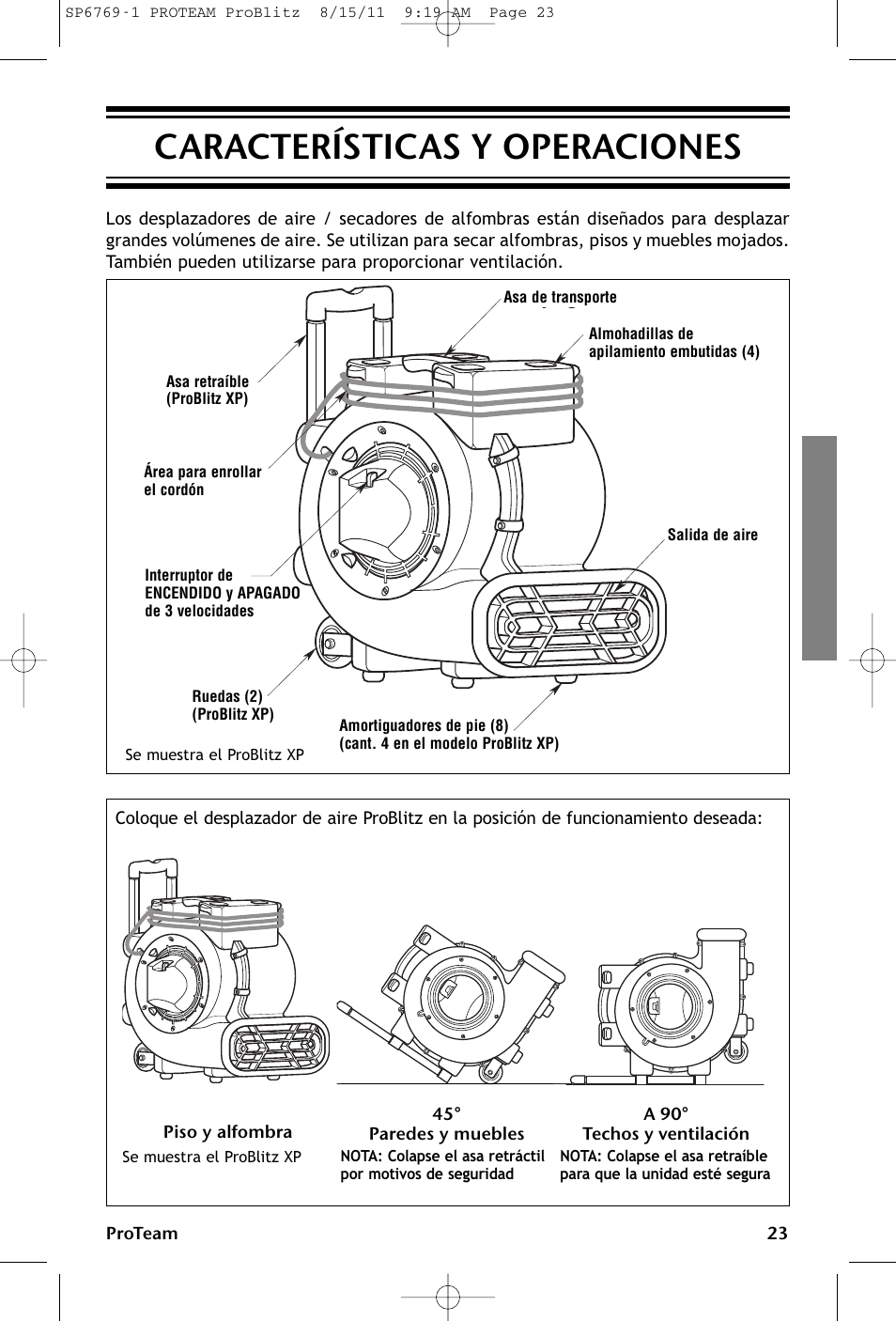 Características y operaciones | ProTeam ProBlitz XP User Manual | Page 23 / 48