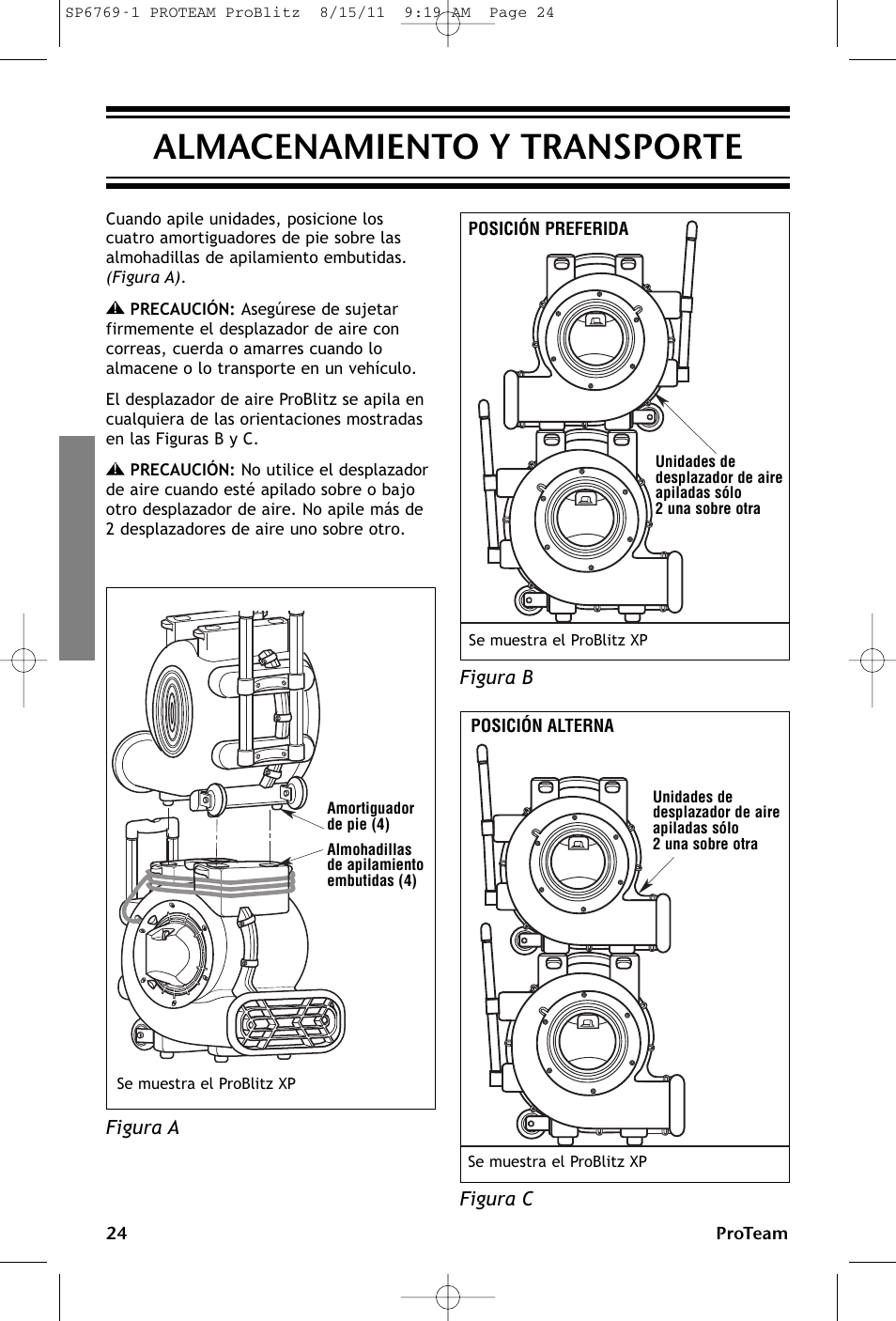 Almacenamiento y transporte | ProTeam ProBlitz XP User Manual | Page 24 / 48
