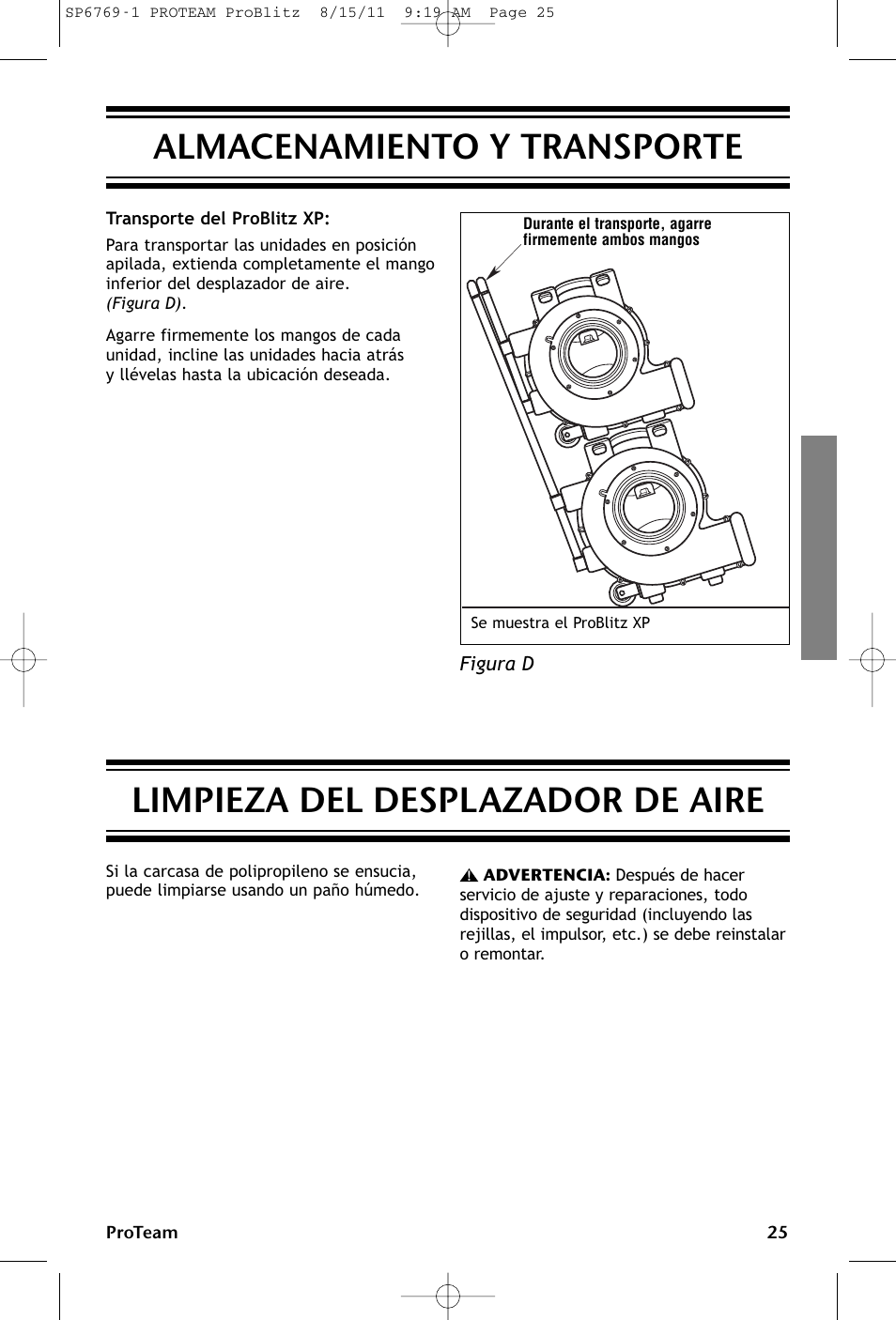 Almacenamiento y transporte, Limpieza del desplazador de aire | ProTeam ProBlitz XP User Manual | Page 25 / 48