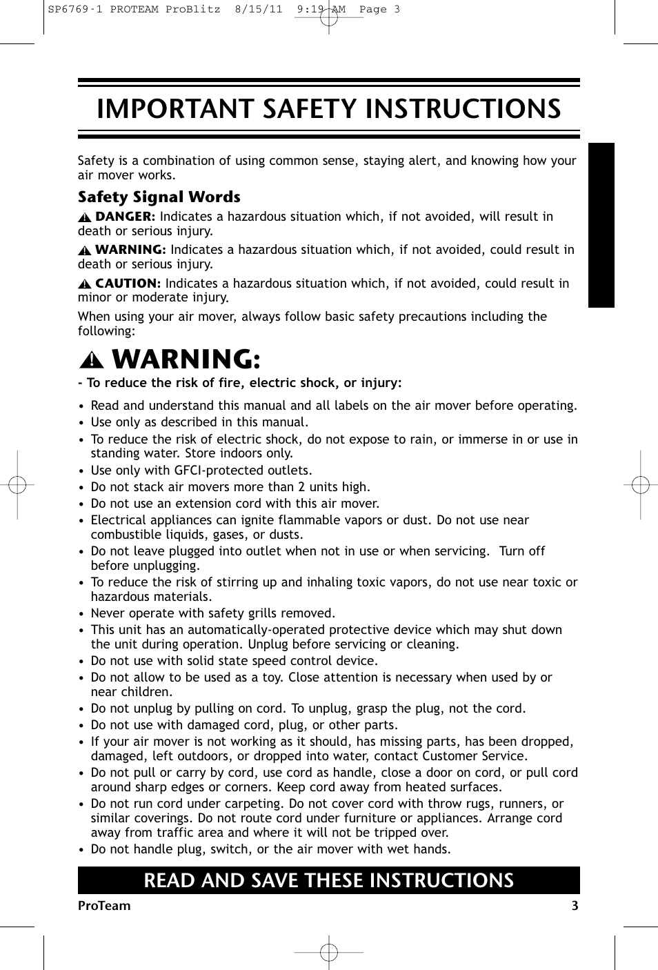 Important safety instructions, Warning, Read and save these instructions | Safety signal words | ProTeam ProBlitz XP User Manual | Page 3 / 48