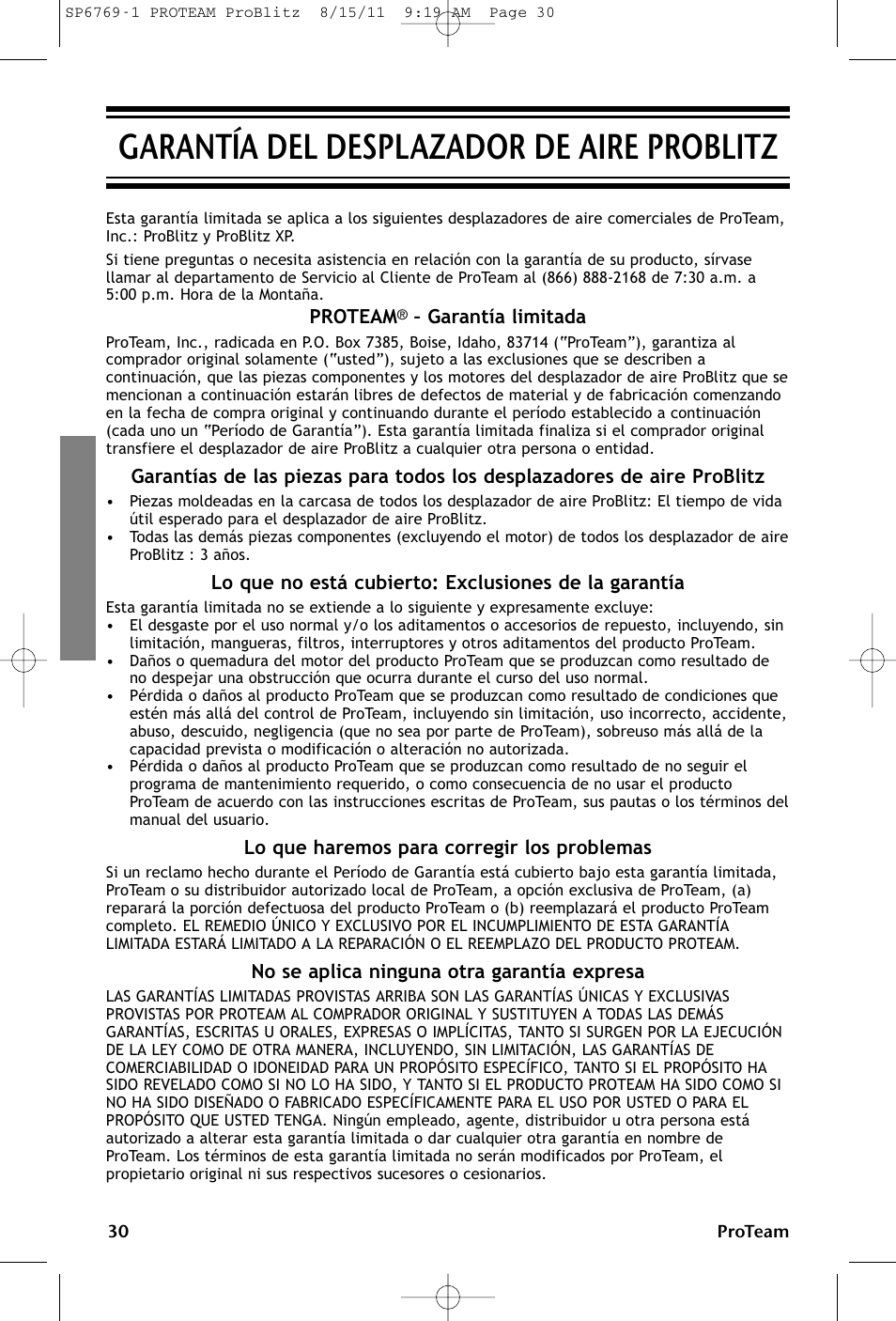 Garantía del desplazador de aire problitz | ProTeam ProBlitz XP User Manual | Page 30 / 48