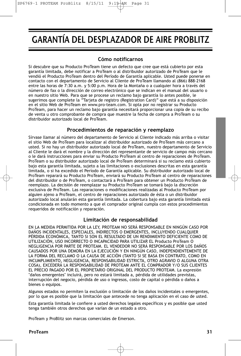 Garantía del desplazador de aire problitz | ProTeam ProBlitz XP User Manual | Page 31 / 48