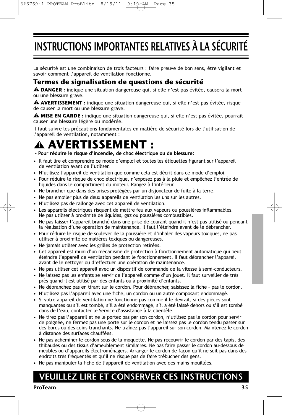 Instructions importantes relatives à la sécurité, Avertissement, Veuillez lire et conserver ces instructions | Termes de signalisation de questions de sécurité | ProTeam ProBlitz XP User Manual | Page 35 / 48