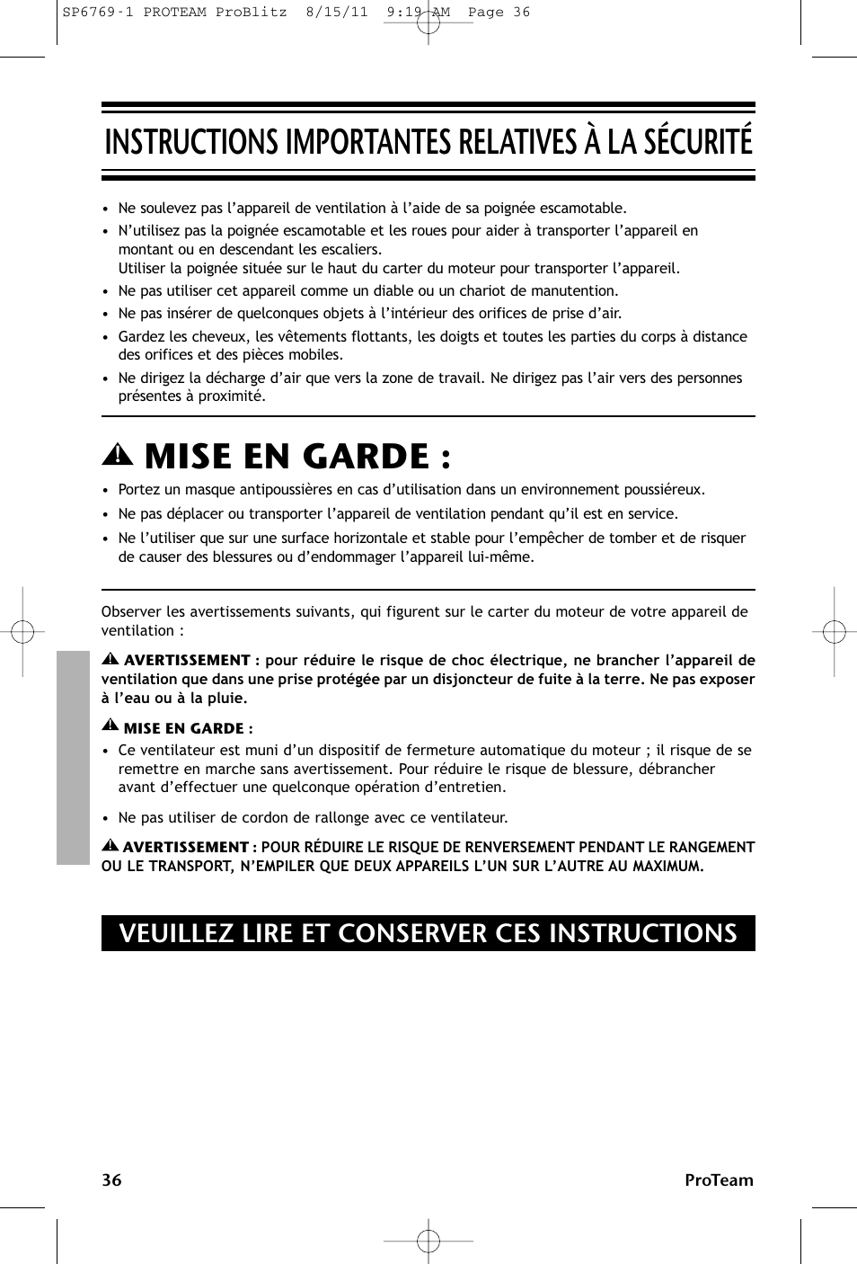 Instructions importantes relatives à la sécurité, Mise en garde, Veuillez lire et conserver ces instructions | ProTeam ProBlitz XP User Manual | Page 36 / 48