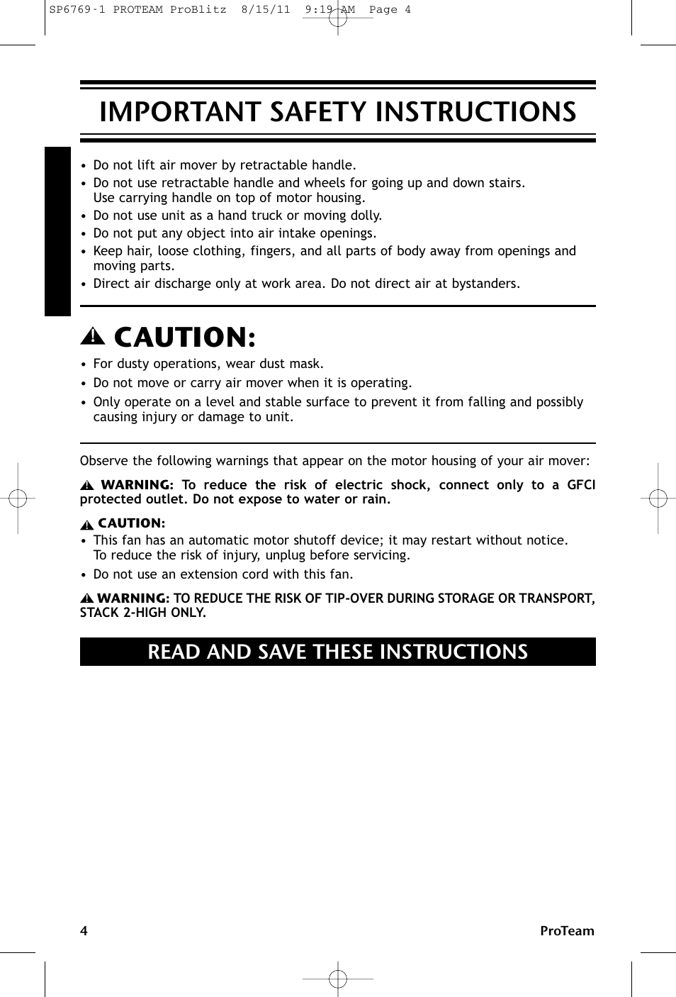 Important safety instructions, Caution, Read and save these instructions | ProTeam ProBlitz XP User Manual | Page 4 / 48
