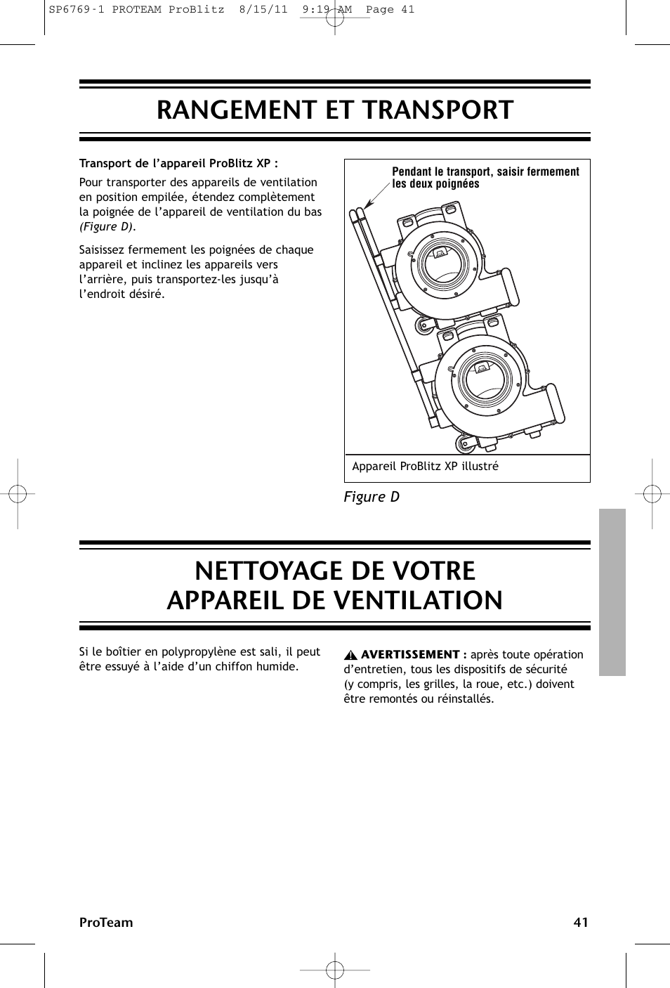 Rangement et transport, Nettoyage de votre appareil de ventilation | ProTeam ProBlitz XP User Manual | Page 41 / 48