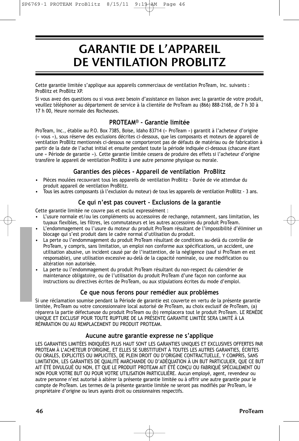 Garantie de l’appareil de ventilation problitz | ProTeam ProBlitz XP User Manual | Page 46 / 48