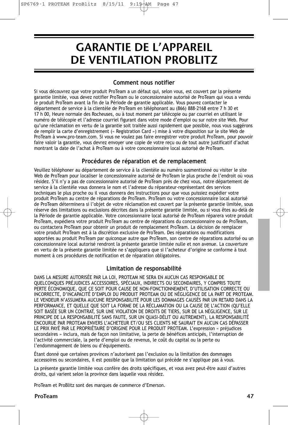 Garantie de l’appareil de ventilation problitz | ProTeam ProBlitz XP User Manual | Page 47 / 48