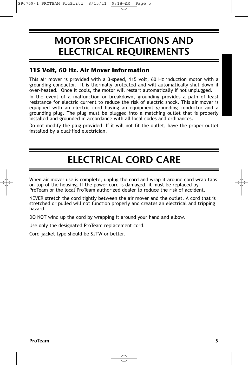 Motor specifications and electrical requirements, Electrical cord care | ProTeam ProBlitz XP User Manual | Page 5 / 48