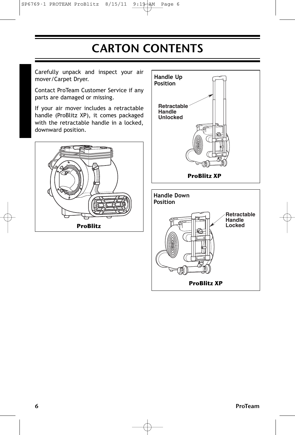 Carton contents | ProTeam ProBlitz XP User Manual | Page 6 / 48