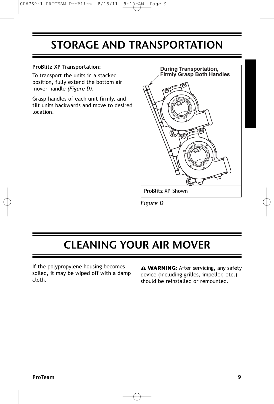 Storage and transportation, Cleaning your air mover | ProTeam ProBlitz XP User Manual | Page 9 / 48