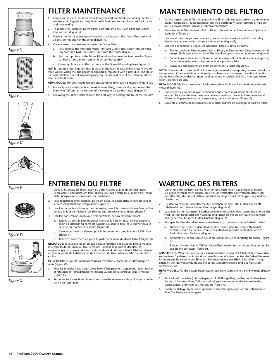 Filter maintenance, Mantenimiento del filtro, Entretien du filtre | Wartung des filters, Figure s figure u figure t figure v figure x, Figure w | ProTeam Super QuarterVac 220V User Manual | Page 16 / 20