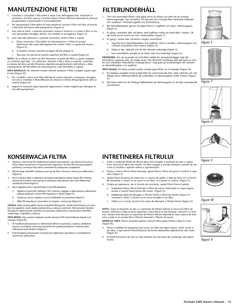 Manutenzione filtri, Filterunderhåll, Konserwacja filtra | Intretinerea filtrului | ProTeam Super QuarterVac 220V User Manual | Page 17 / 20