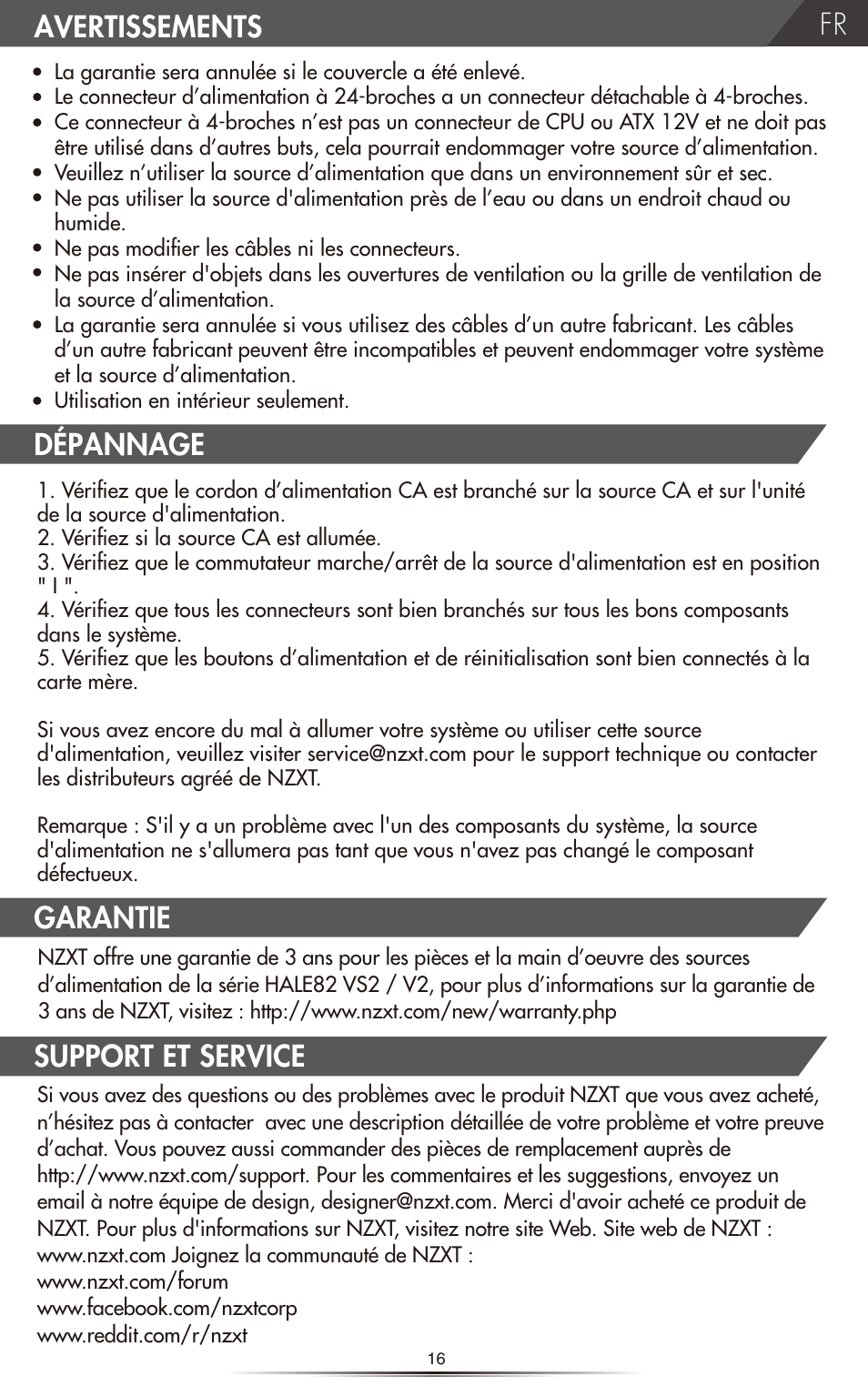 Avertissements dépannage support et service, Garantie | NZXT HALE82 v2 550W User Manual | Page 18 / 54