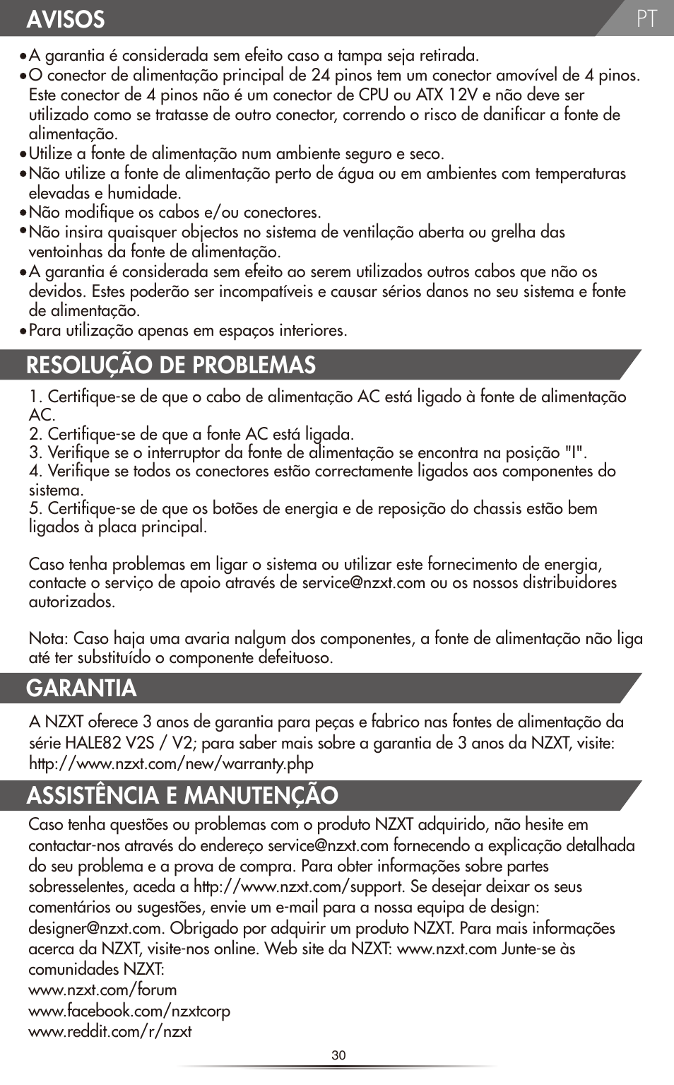 Avisos, Resolução de problemas, Garantia | Assistência e manutenção | NZXT HALE82 v2 550W User Manual | Page 32 / 54