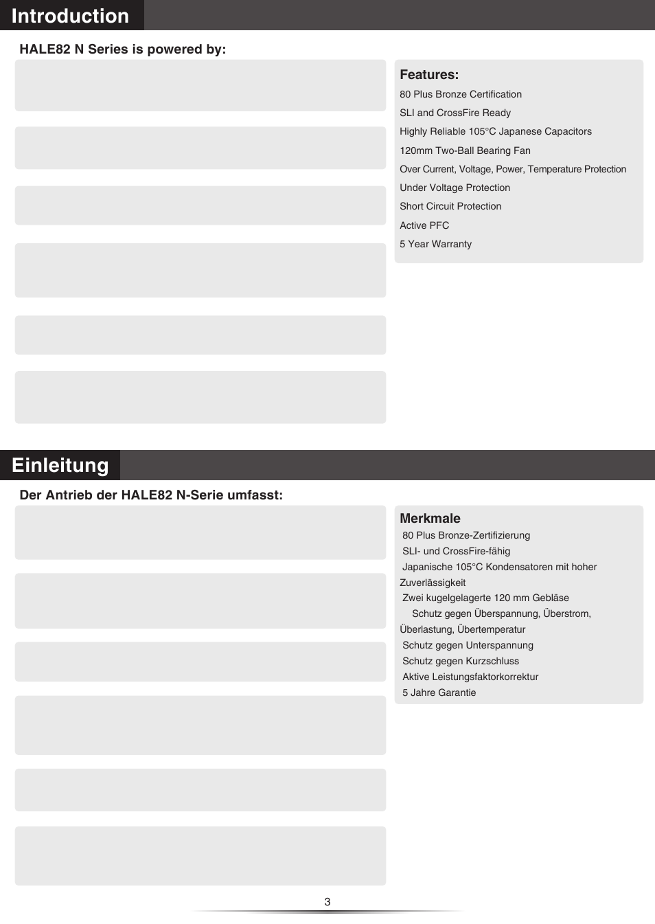 Introduction, Einleitung, Features | Hale82 n series is powered by, Merkmale, Der antrieb der hale82 n-serie umfasst | NZXT HALE82N 750W User Manual | Page 4 / 14
