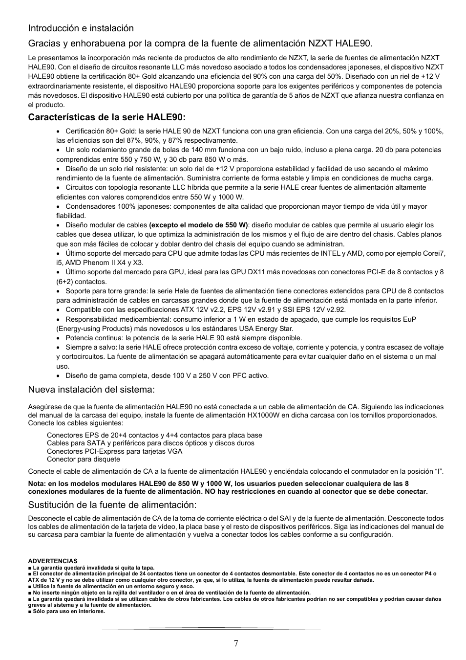 7 introducción e instalación, Características de la serie hale90, Nueva instalación del sistema | Sustitución de la fuente de alimentación | NZXT HALE90 850W User Manual | Page 7 / 22