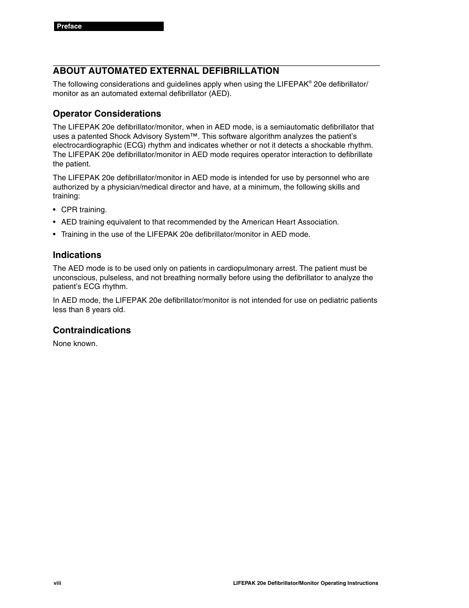 About automated external defibrillation, Operator considerations, Indications | Contraindications | Physio-Control LIFEPAK 20e User Manual | Page 10 / 218