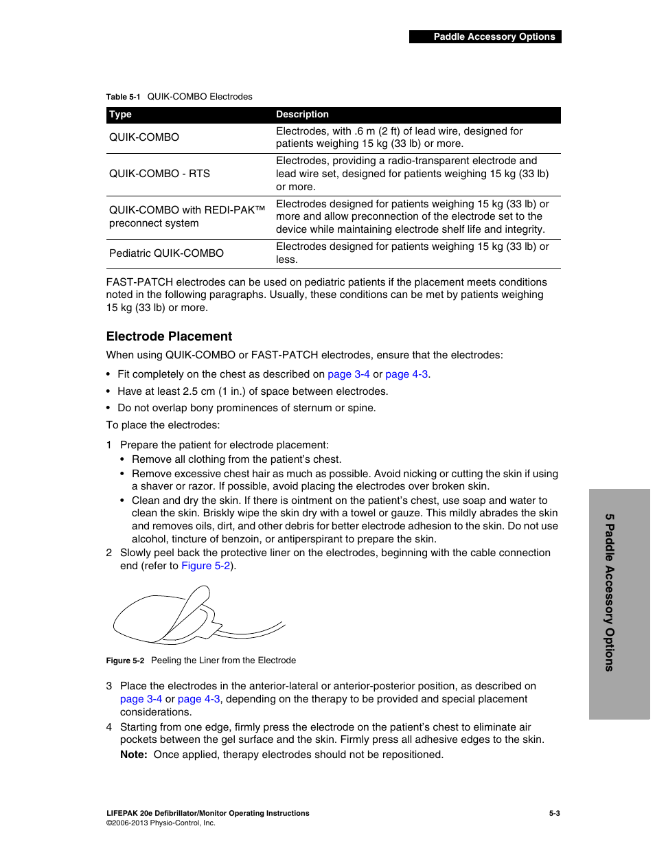 Electrode placement, Electrode placement -3, Table 5-1 | Physio-Control LIFEPAK 20e User Manual | Page 101 / 218