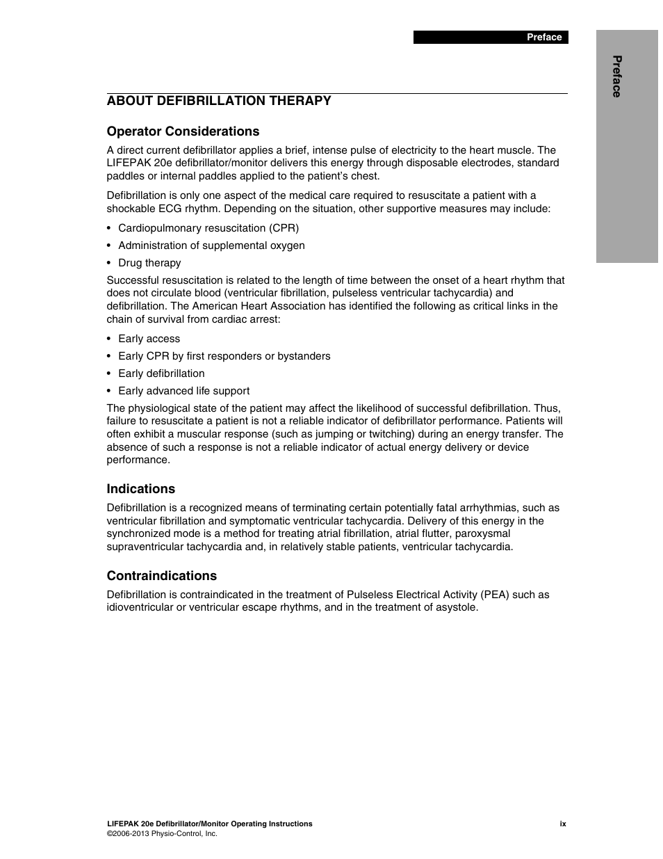 About defibrillation therapy, Operator considerations, Indications | Contraindications | Physio-Control LIFEPAK 20e User Manual | Page 11 / 218