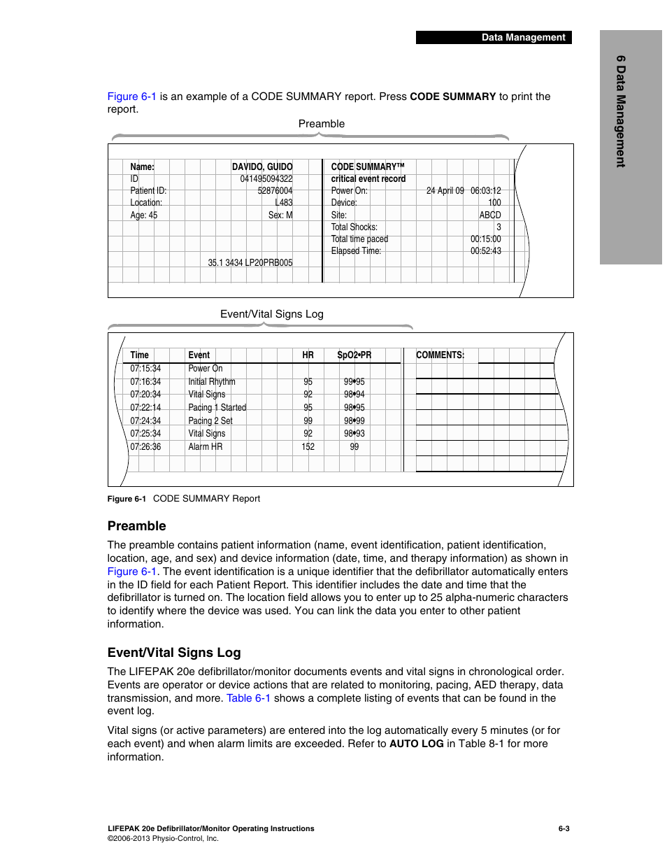 Preamble, Event/vital signs log, Preamble -3 event/vital signs log -3 | Physio-Control LIFEPAK 20e User Manual | Page 111 / 218