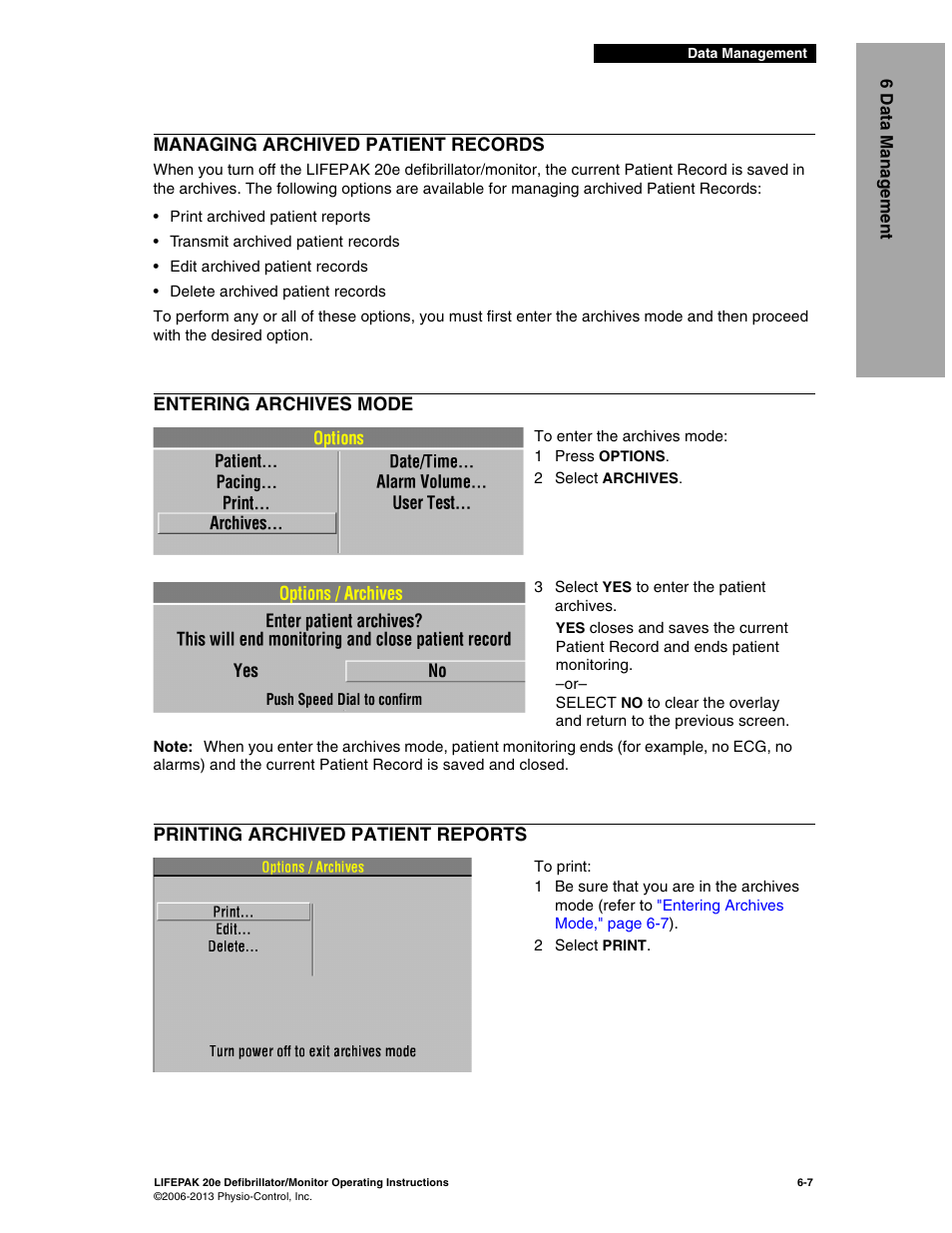 Managing archived patient records, Entering archives mode, Printing archived patient reports | Physio-Control LIFEPAK 20e User Manual | Page 115 / 218