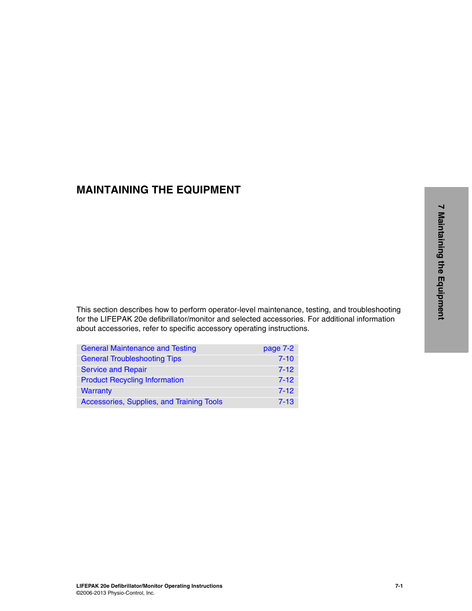 Maintaining the equipment, 7 maintaining the equipment, Section 7 | Physio-Control LIFEPAK 20e User Manual | Page 123 / 218