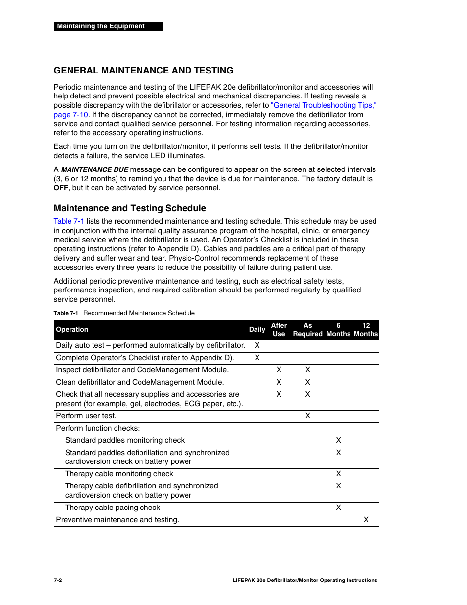 General maintenance and testing, Maintenance and testing schedule, General maintenance and testing -2 | Maintenance and testing schedule -2 | Physio-Control LIFEPAK 20e User Manual | Page 124 / 218