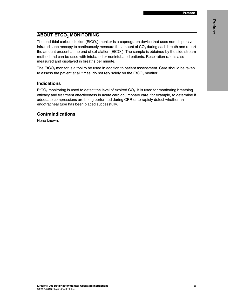 About etco2 monitoring, Indications, Contraindications | About etco, Monitoring | Physio-Control LIFEPAK 20e User Manual | Page 13 / 218