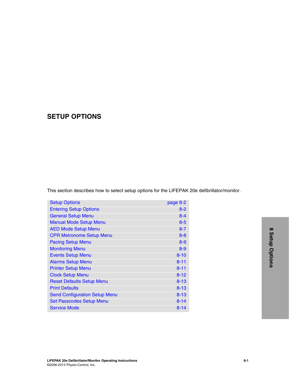 Setup options, 8 defining setup options, Section 8 | Defibrillation mode, refer to, Refer to | Physio-Control LIFEPAK 20e User Manual | Page 137 / 218