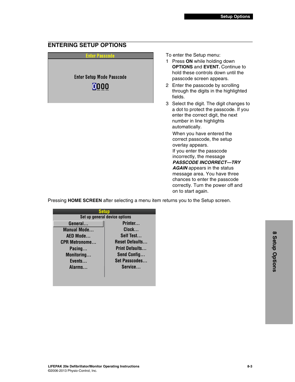 Entering setup options, Entering setup options -3 | Physio-Control LIFEPAK 20e User Manual | Page 139 / 218