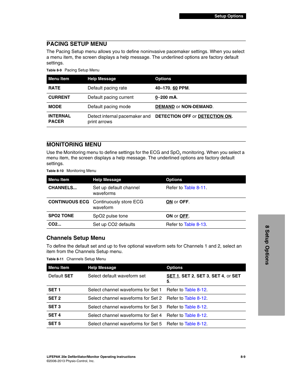 Pacing setup menu, Monitoring menu, Channels setup menu | Pacing setup menu -9 monitoring menu -9, Channels setup menu -9, Table 8-9 | Physio-Control LIFEPAK 20e User Manual | Page 145 / 218