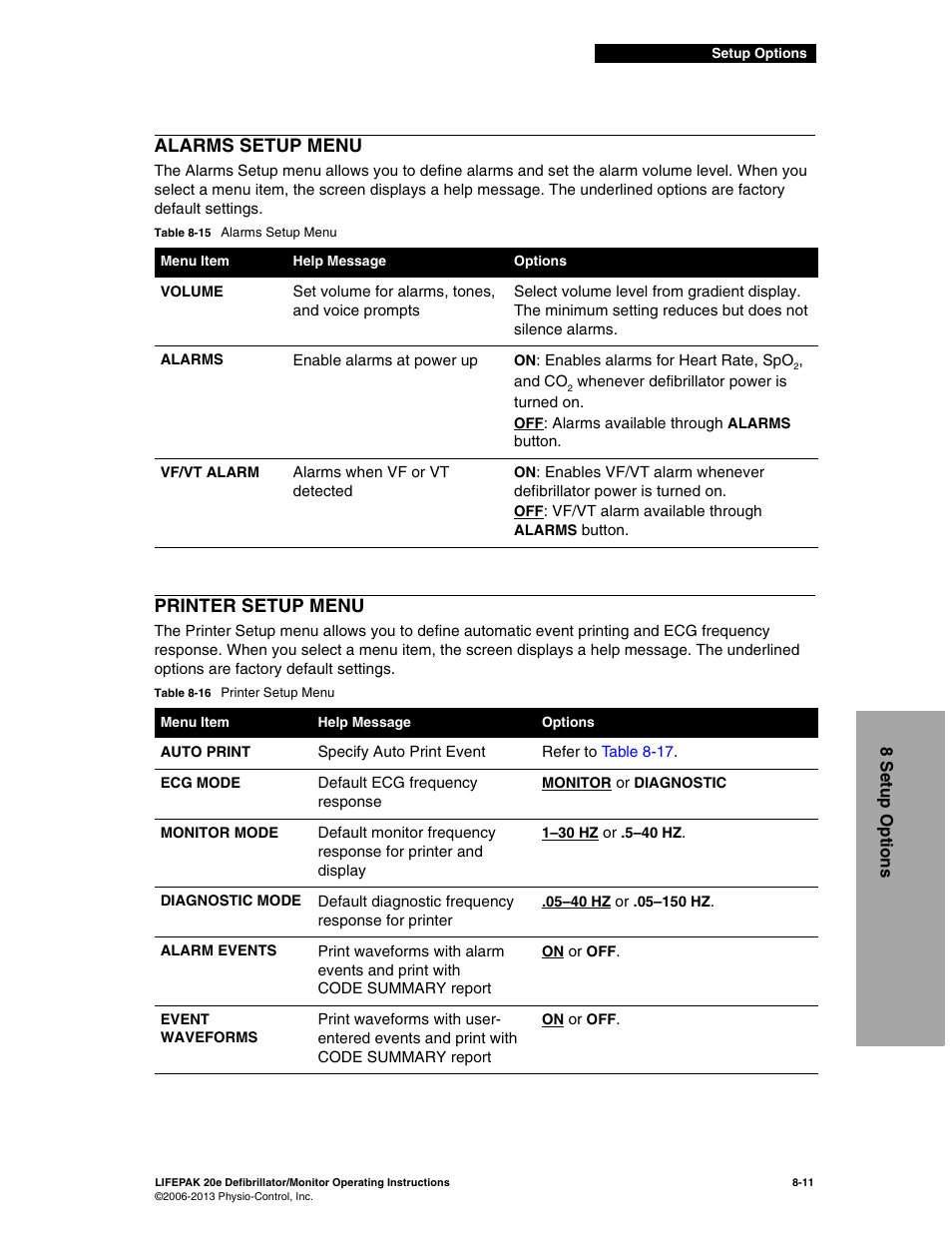 Alarms setup menu, Printer setup menu, Alarms setup menu -11 printer setup menu -11 | Physio-Control LIFEPAK 20e User Manual | Page 147 / 218