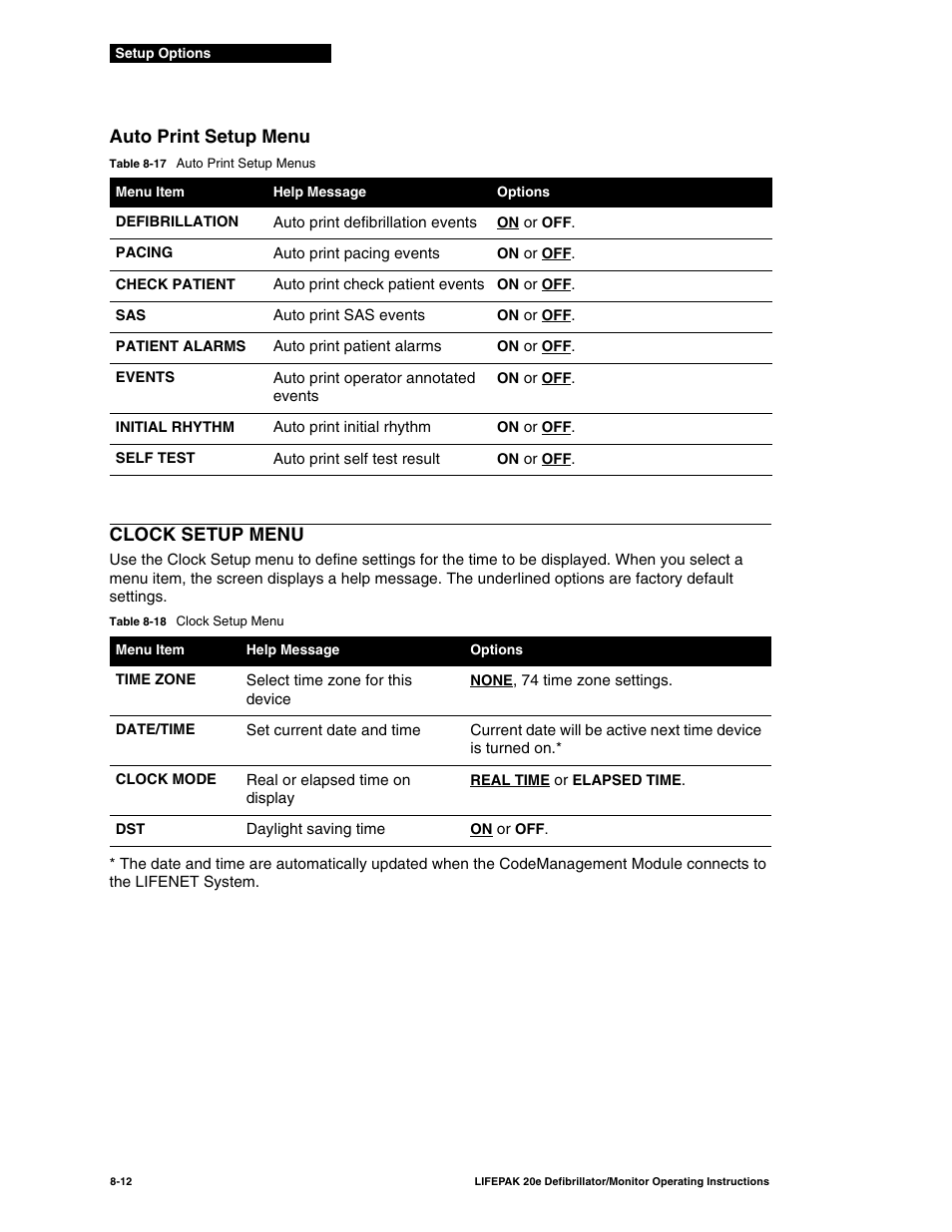 Auto print setup menu, Clock setup menu, Auto print setup menu -12 | Clock setup menu -12, Auto print setup menu clock setup menu | Physio-Control LIFEPAK 20e User Manual | Page 148 / 218