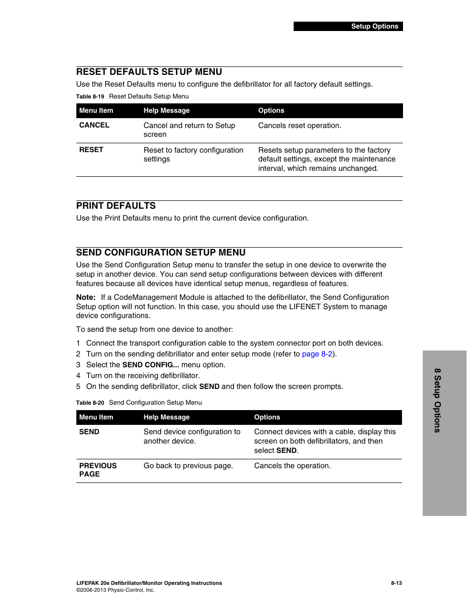 Reset defaults setup menu, Print defaults, Send configuration setup menu | Physio-Control LIFEPAK 20e User Manual | Page 149 / 218